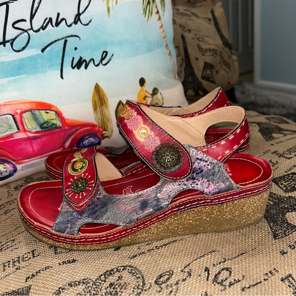 L’ Artiste By Spring Step Women’S Tiffinal Red Multi Ankle Strap Wedge Sandals - Picture 3 of 15